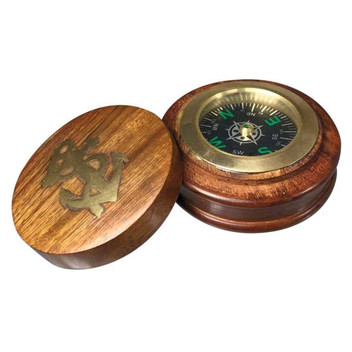 Kompass mit Deckel, Holz/Messing, 75 mm