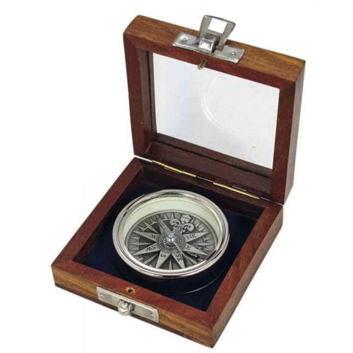 Kompass, verchromt in edler Holzbox