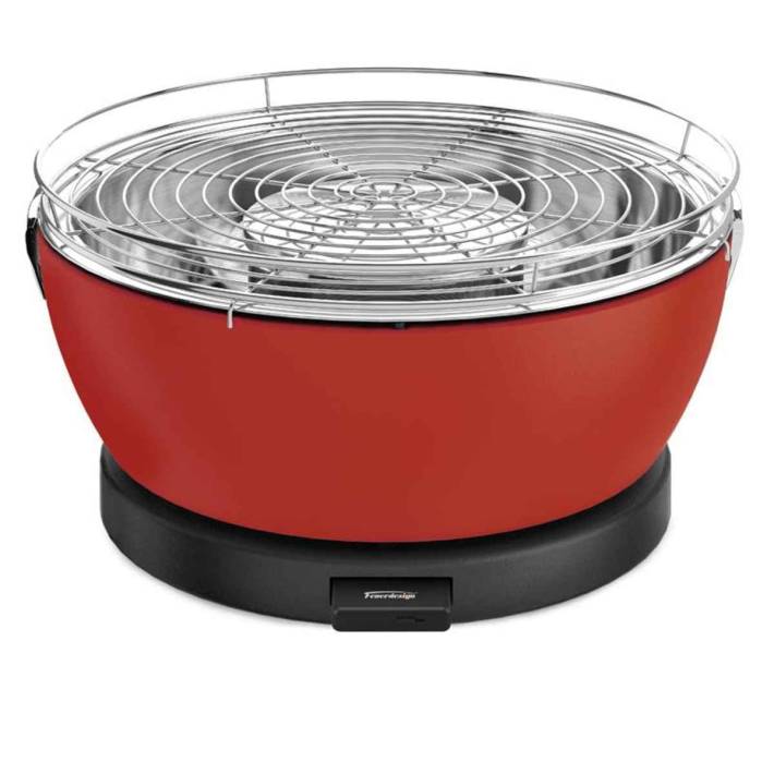 Grill au charbon de bois Feuerdesign® Sans fumée. VESUVIO rouge avec pince/pochette et ventilateur.